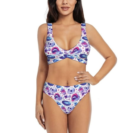 Zeuib crystal Skull record lips High Waisted Tummy Control Bikini Set - Knot Front Push Up Top & Cheeky Thong Bottom  Two-Piece Swimsuit for Women-X-Large