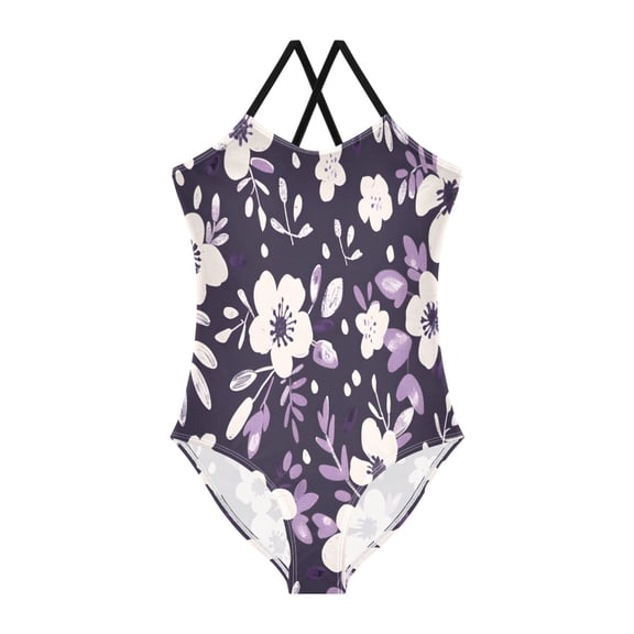 BZSMCE One-Piece Swimsuit with Crisscross StrapsFlowers White Purple Pattern