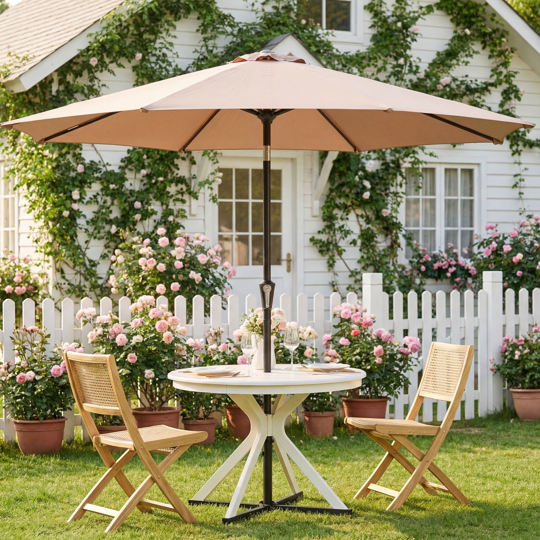 EDX 9FT Patio Umbrella Market Umbrella w/Tilt and Crank Heavy-Duty Round Outdoor Umbrellas for Garden, Deck, Backyard, Pool and Beach(brown)