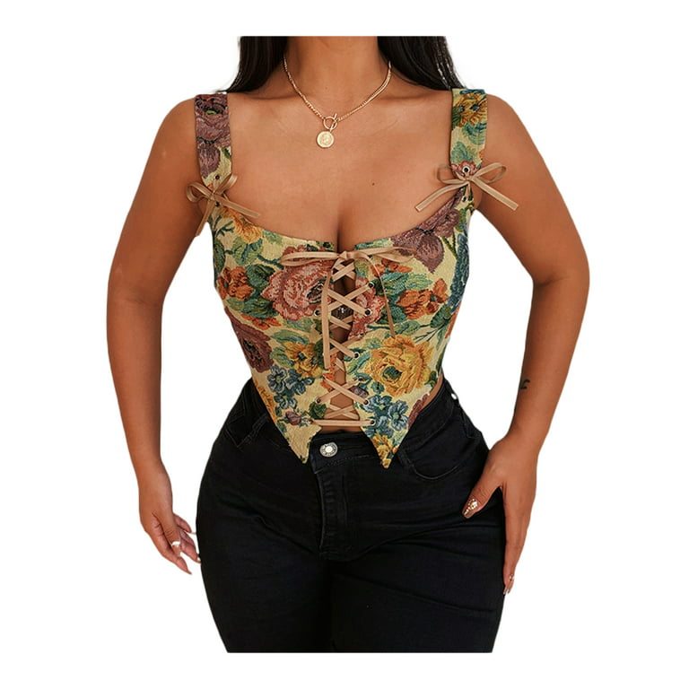  Womens Floral Print Strappy Corset Bustier Front Lace-up Slim  Camisole Crop Top Retro Elastic Waist Belt Bodyshaper Tank (Colorful,  Small) : Clothing, Shoes & Jewelry