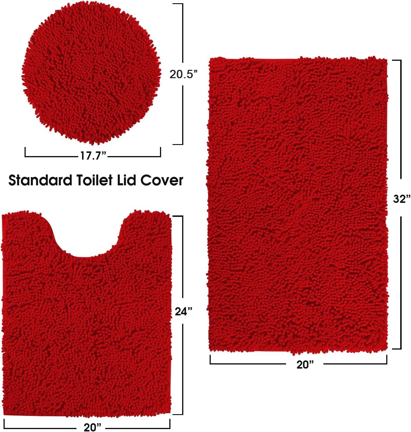 Chenille Bath Mat Set – 3-Piece Plush Bathroom Rugs with U-Shaped Toilet Mat & Lid Cover, Water-Absorbent, Soft and Durable, Red Color