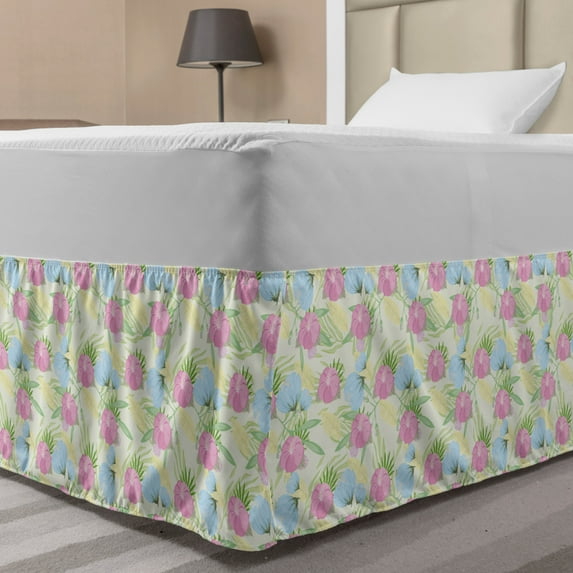 Luau Bed Skirt, Composition of Flowers and Leaves in Pastel Tones, Elastic Bedskirt Dust Ruffle Wrap Around for Bedding Decor, 4 Sizes, Pale Green Multicolor, by Ambesonne