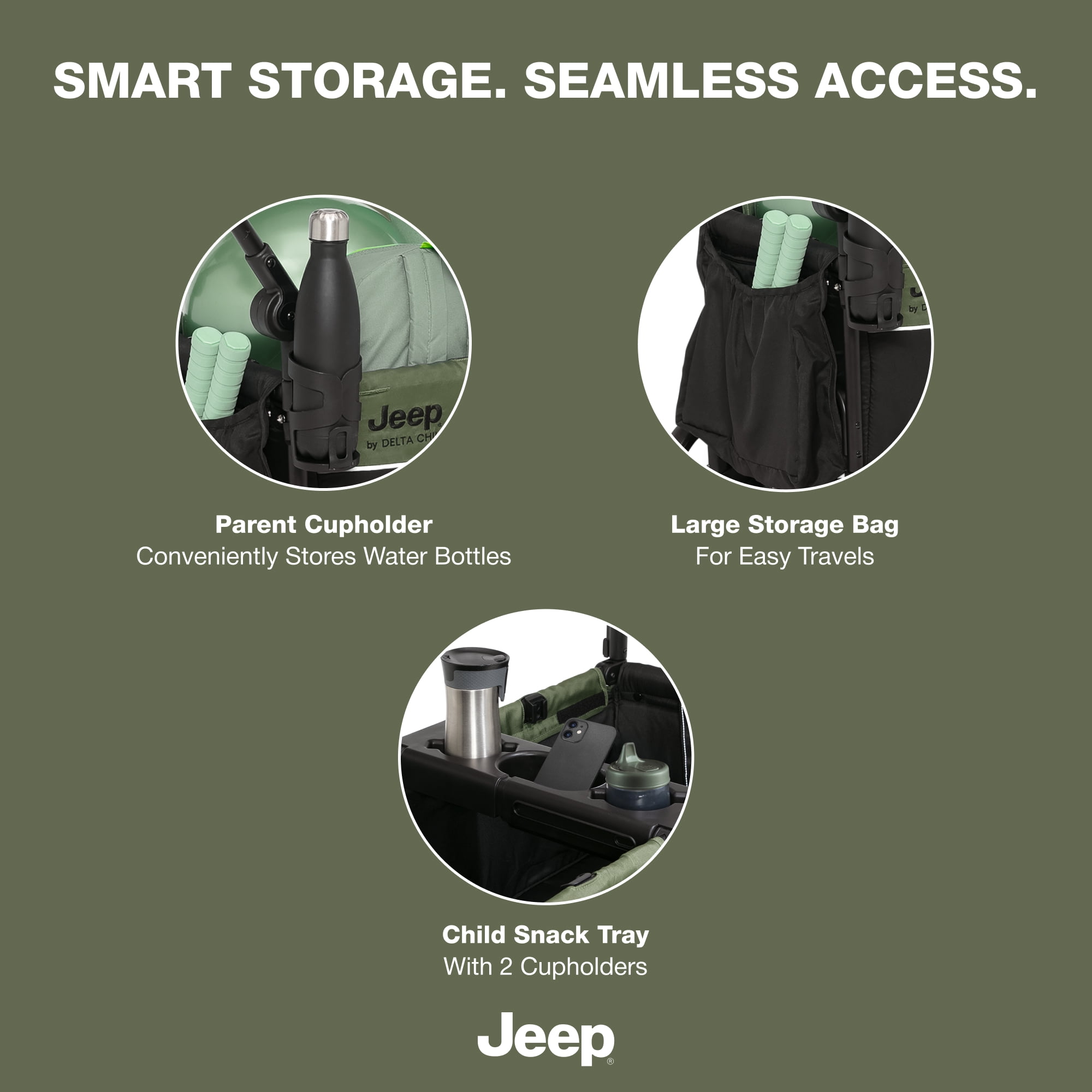Jeep TurboGlyde Stroller Wagon by Delta Children – Extended Footwell for More Leg Room, Greenguard Gold Certified, Black/Green