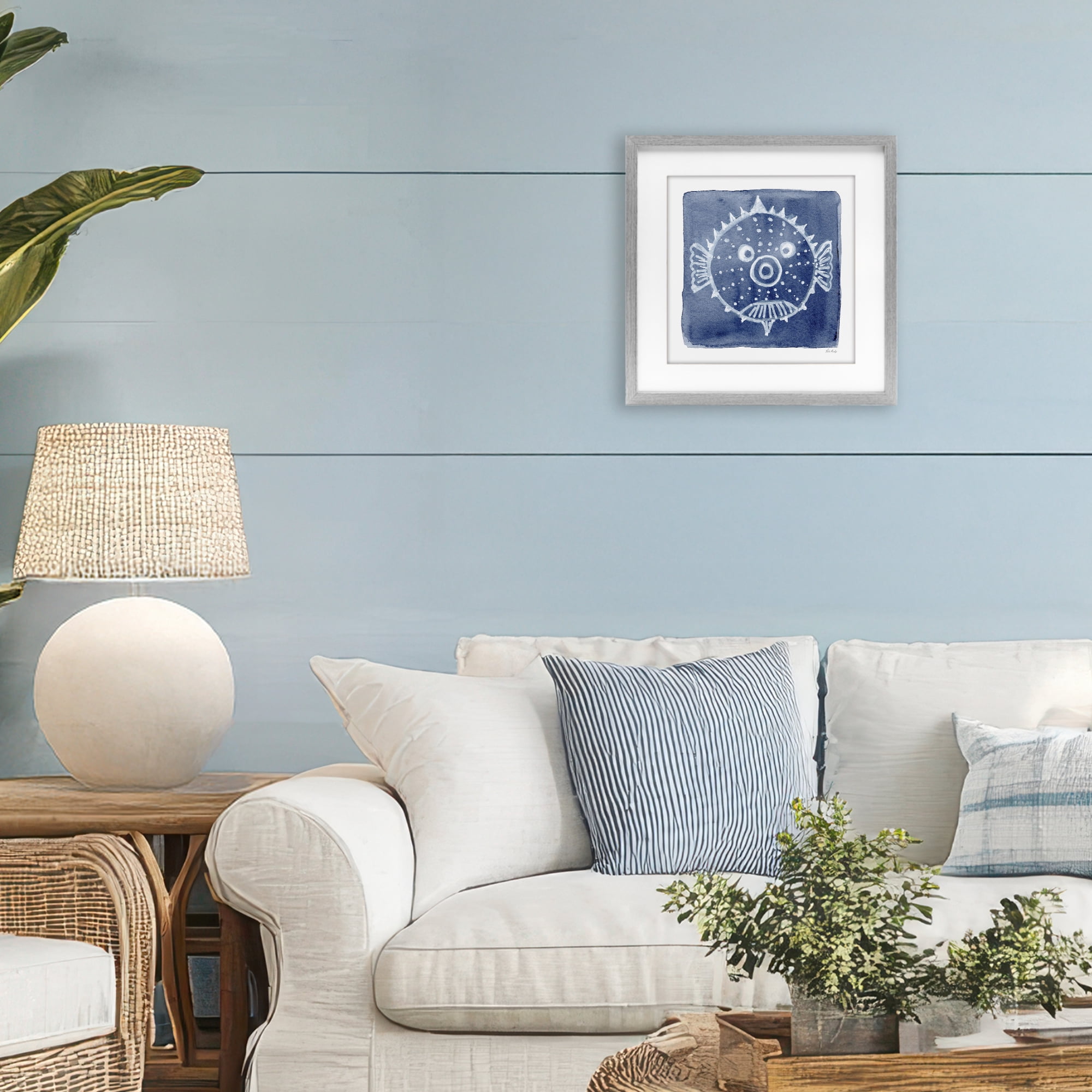 Stupell Industries White Blow Fish on Indigo Gray Framed Print Under Glass, design by Patti Bishop