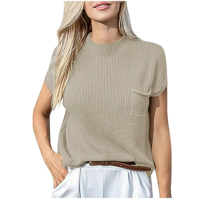 cfhntfmh Chandail à Manches Courtes pour Femmes Printemps Été Col Rond chandail Côtelé Gilet avec Poche