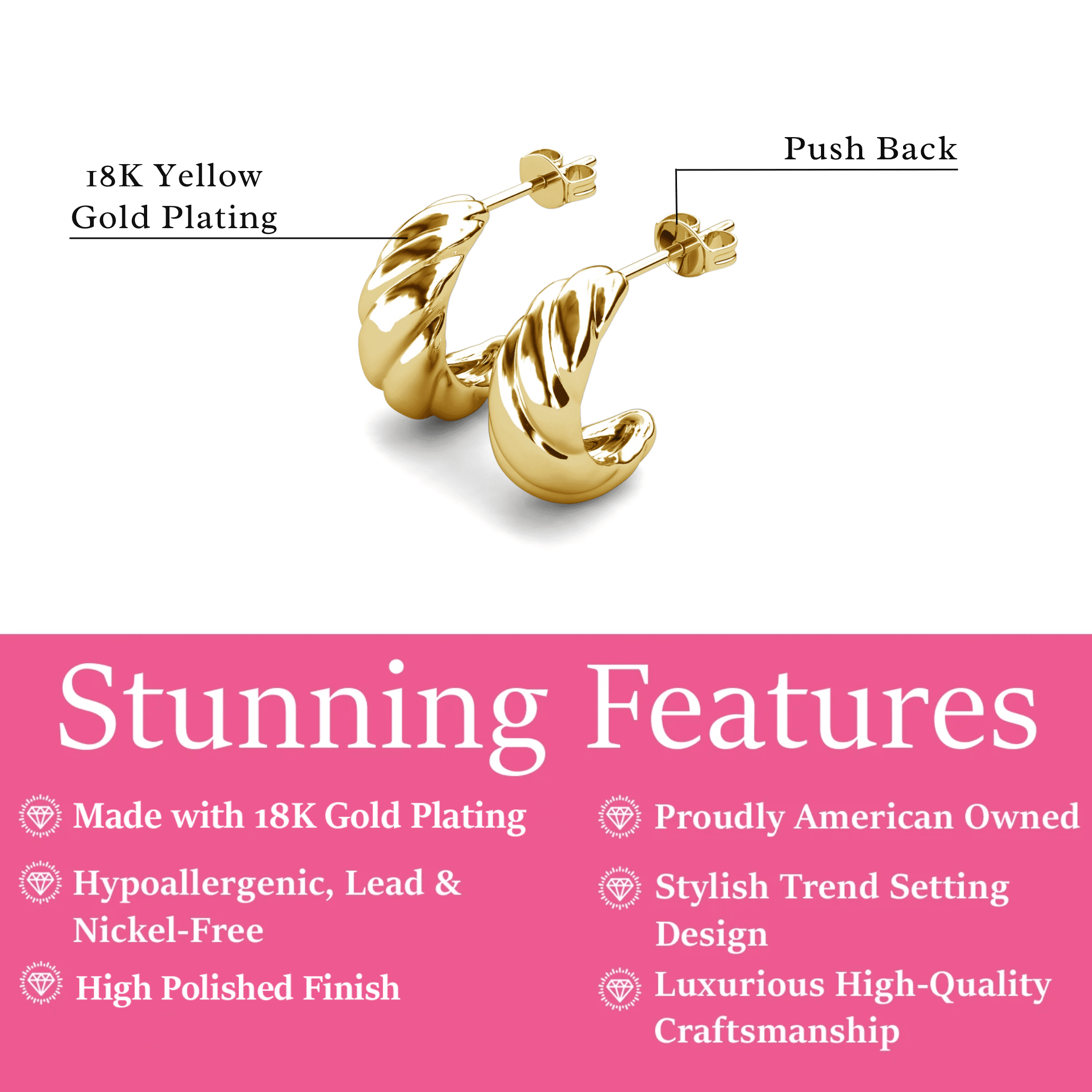 Cate & Chloe Lakelynn 18k Yellow Gold Plated Twisted Hoop Earrings for Women