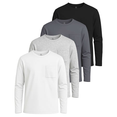 Real Essentials 4 Pack: Boys Cotton Jersey Long Sleeve T-Shirt with Pocket - Kids Teens Youth Crew Neck Tee Top (Ages 4-16)
