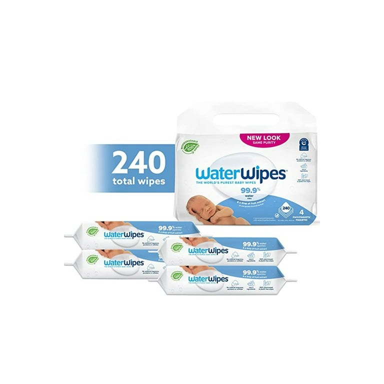 WaterWipes Plastic-Free Original Baby Wipes, 99.9% Water Based Wipes,  Unscented & Hypoallergenic for Sensitive Skin, 240 Count (4 packs),  Packaging