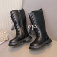 thumbnail image 4 of Owordtank Girls Lace Up Boots Mid Calf Riding Long Boots PU Leather Side Zipper Goth Boot Non Slip, 4 of 6