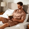 thumbnail image 5 of Mens Pajamas Set Silk Satin Sleepwear Short Sleeve Button Up Pjs Soft 2 Piece Lounge Set with Pocket Big and Tall Camel S, 5 of 7