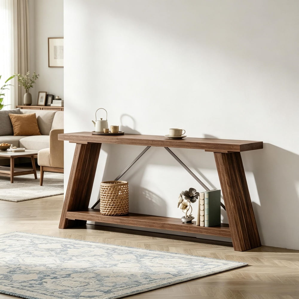 2-Tier Console Table, Rustic Sofa Table with Long Open Shelves, MDF Board & Metal Frame, 230 lbs Capacity with Adjustable Pads for Entryway Living Room