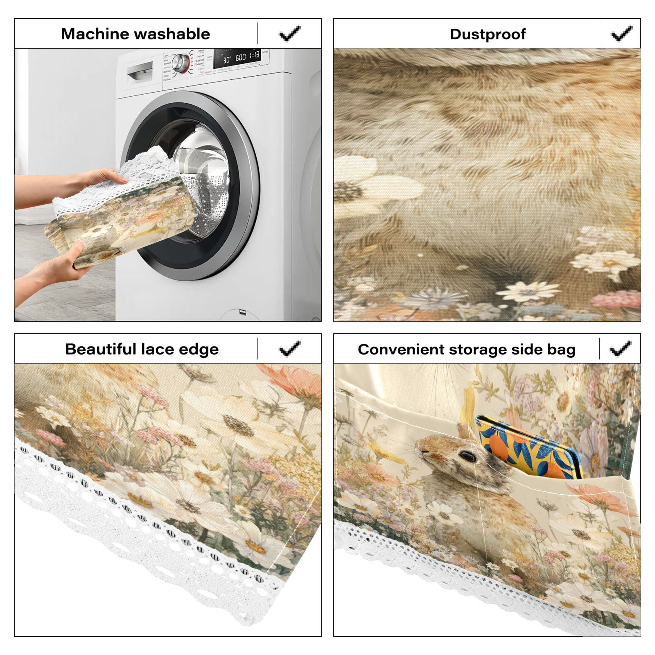 Wobogo Flowers Rabbit Washing Machine Cover Dustproof Washer Dryer Cover Waterproof Laundry Room Decorative Protector