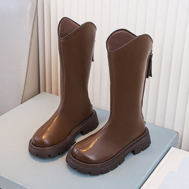 YUNAFFT Girls Martin Riding Boots High Shaft Zipper Solid Color Long Boots Fashionable Student Princess Style