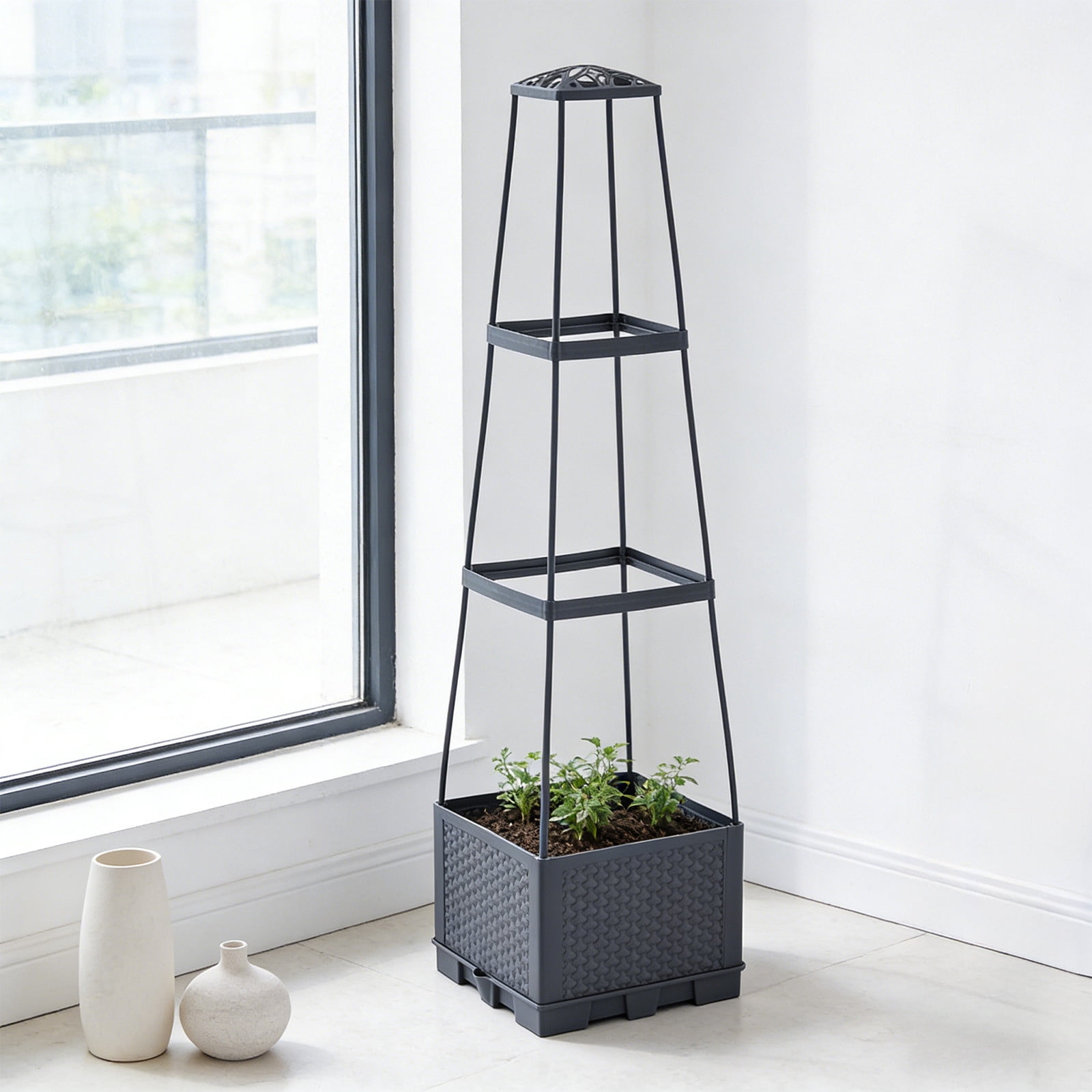 Balcony Planting Box, Outdoor Garden Planter for Roses, Combined Growing Pot, Vegetable Planting Container, Easter Decor, Large Capacity Planter for Patio Yard and Home Gardening, 11*11*45in, Black