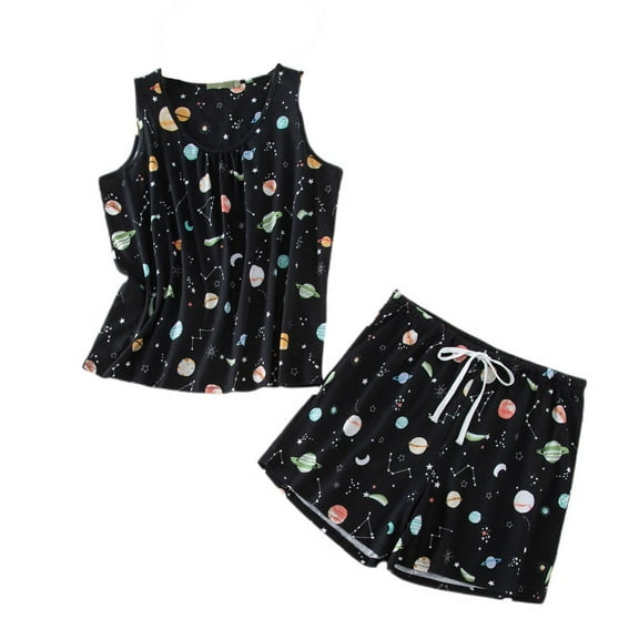 Defitshape Women's Pajamas Set Cotton Printed Pjs Short 2 Piece Cartoon Shorts Comfy Lightweight Sleeveless Drawstring Summer Lounge Set Style1 Medium