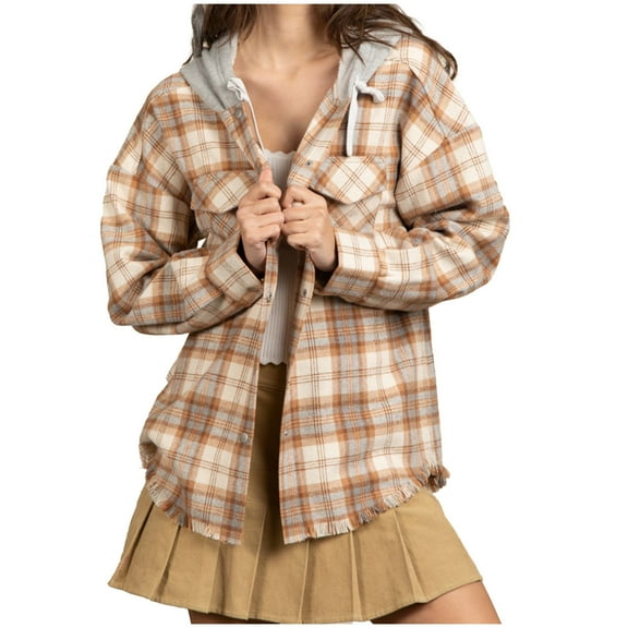 ShomPort Womens Long Sleeve Button down Plaid Shirts Hooded Shacket Jacket Hoodie with Lapel Pocket