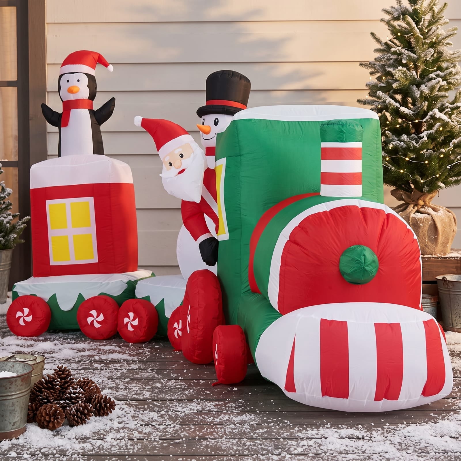 RUIE 11.5 FT Christmas Inflatables Train, Blow Up Santa Driving Train with Snowman Penguin and LED Lights, Outdoor Yard Decor for Lawn - Multicolor