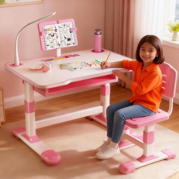 YNCE Kids Desk and Chair Set, Height Adjustable Kids Study Desk Chair Toddlers Writing Table with Tiltable Reading Stand, Bedroom Children Learning Table with Extra Large Drawer