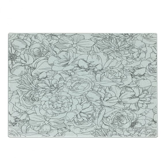 Floral Cutting Board, Botanical Artwork of Hand Drawn Elements Petals Garden Art Layout, Decorative Tempered Glass Cutting and Serving Board, in 3 Sizes, by Ambesonne