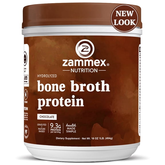 Zammex Bone Broth Powder Chocolate Flavor 1 lb, Grass Fed Beef Bone Broth Protein Powder with Hydrolyzed Collagen Peptides, 41 Servings