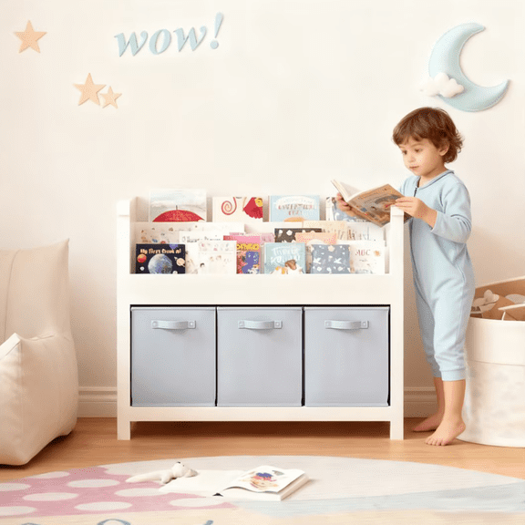 3-Tier Front-Facing Kids Bookshelf with 3 Fabric Bins   Wooden Toddler Book Organizer Shelf for Playroom  Nursery & Bedroom  Toys & Books Storage