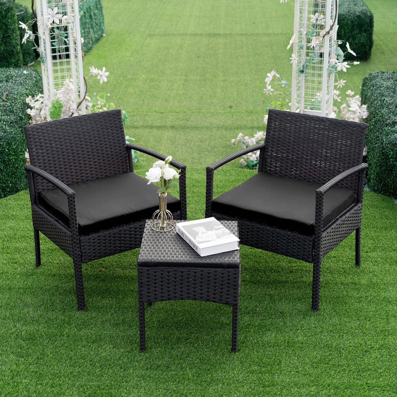 Tappio Outdoor Furniture 3 Piece Patio Bistro Furniture Set, Rattan Conversation Chairs Set with Side Table and Cushions, Patio Furniture Sets for Balcony Garden Porch, Black
