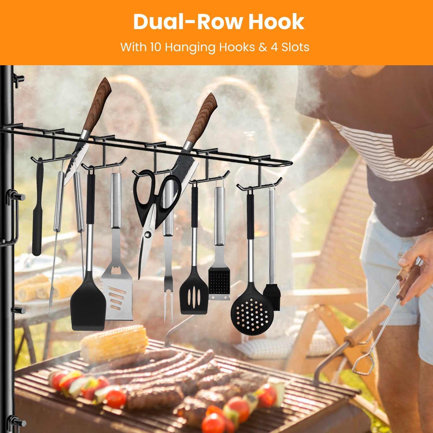 Upgraded BBQ Griddle Caddy Rack with Paper Towel Holder, Carbon Steel Grill Storage Organizer with S/M/L Baskets & 10 Hooks, Clamp on Design for Outdoor Grilling