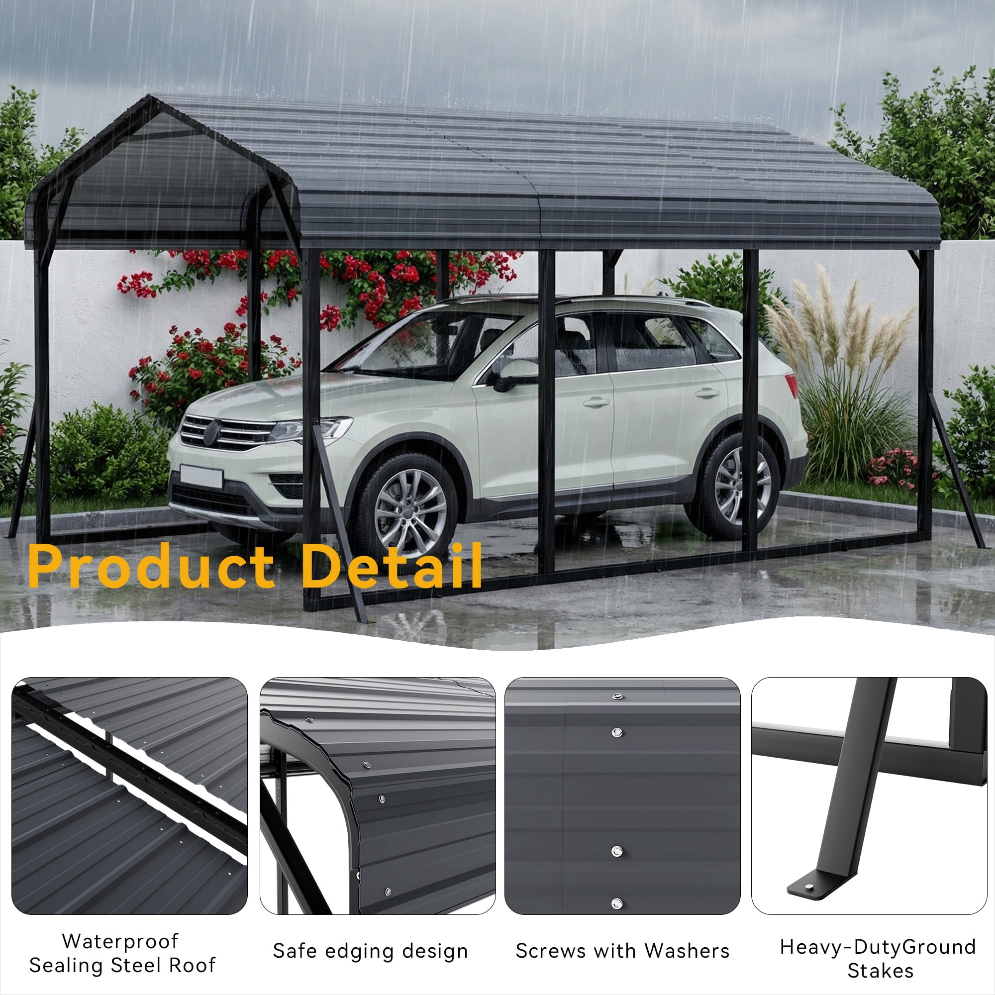 ALAULM 10x15FT Metal Carport w/Galvanized Steel Roof， Heavy Duty Car Port with Reinforced Support Rods & Windproof Anchors, All-Weather Outdoor Garage for Car, Truck, RV, Boat, Tractor