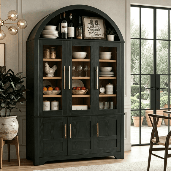 Aukfa 73" Arched Pantry Cabinet with 3 Glass Doors, Adjustable Shelves for Kitchen & Dining Room, Black