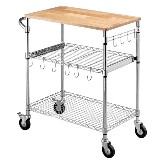KFFKFF 3-Tier Kitchen Utility Cart with Adjustable Wire Shelves, Wooden Top, Handle Bar, and Rolling Wheels, Steel Construction Supports 661 lbs, 30x18x36 in
