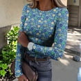 thumbnail image 2 of CIENVNSTG Tops for Women Long Sleeve Crewneck Ribbed Knit Going Out Tops Trendy Slim Fit Outfits Retro Floral Stretch Basic Tees Dark Blue S, 2 of 7