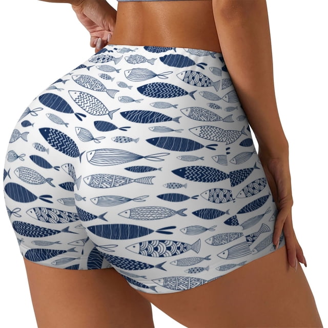 Fotbe Blue Fish Shorts Sin Costuras – Shorts Deportivos de Cintura Alta para Mujer, Elásticos para Gimnasio, Yoga, Running o Ciclismo-Medium