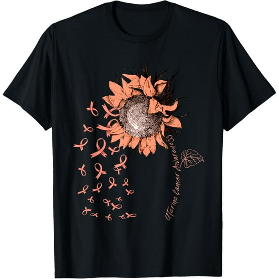 UTERINE CANCER Awareness Sunflower Peach Ribbon T-Shirt