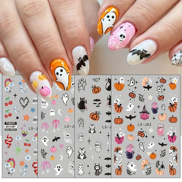 5pcs/set, Halloween Nail Art Sticker Set - Pumpkin, Snake, Ghost, Bat, and Skeleton Decals for Spooky Nail Decoration