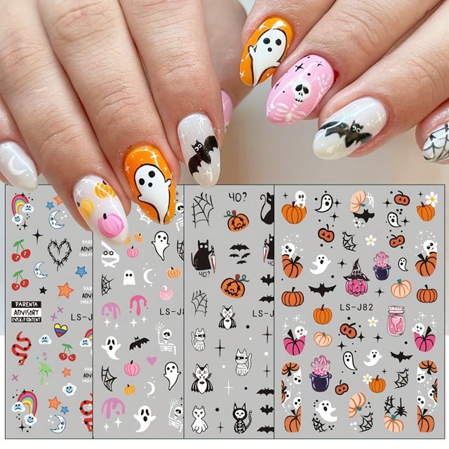 5pcs/set, Halloween Nail Art Sticker Set - Pumpkin, Snake, Ghost, Bat, and Skeleton Decals for Spooky Nail Decoration