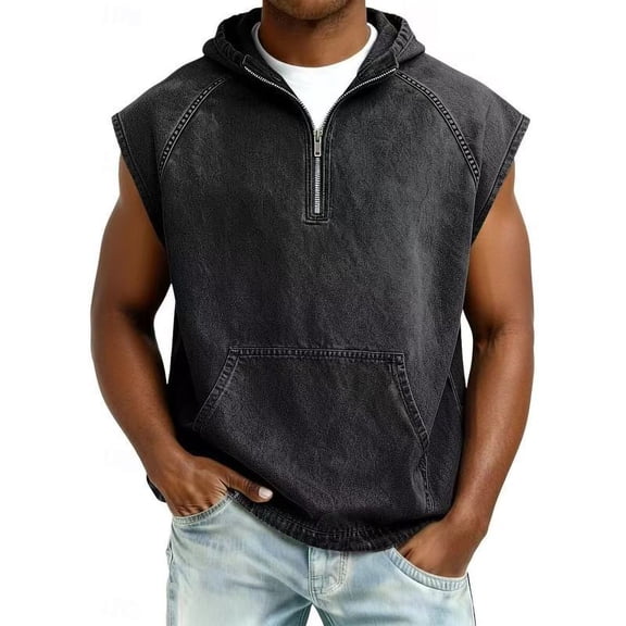 Yaoyar Tank Top for Men Workout Gym Sleeveless Hoodies Relaxed Fit Vintage Distressed Washed Shirts 1/4 Zip Pullover Top
