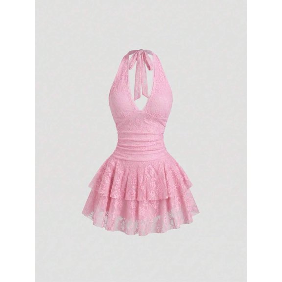 Pink Lace Halter Neck Ruched Peplum Mini Dress For Women