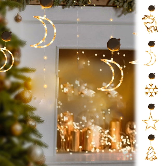 Xihbxyly Luces Led Navideñas para Ventana, Diseño de Ventosa, Luz Blanca Cálida, Formas Festivas de Copos de Nieve, Muñecos de Nieve y Árboles, Funciona con Pilas, Decoración Navideña para Interiores