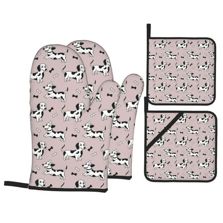 

Oven Mitts and Pot Holders 4 pcs Set Dachshund Dog Puppy Black Bone Heat Resistant Silicone Oven Mitts Pot Holders for Kitchen Baking Cooking Non-Slip Oven Gloves Hot Pads Potholders
