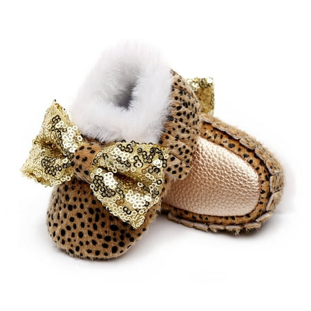

Baby Girls Soft Plush Snow Boots Leopard Tassels Bowknot Warm Cotton First Walkers Shoes