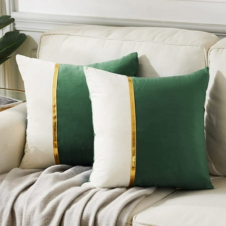 

Fancy Homi 2 Packs Olive Green Decorative Throw Pillow Covers 16x16 Inch for Living Room Couch Bed Green and White Velvet Patchwork with Gold Leather Luxury Home Decor Square Cushion Case 16x16