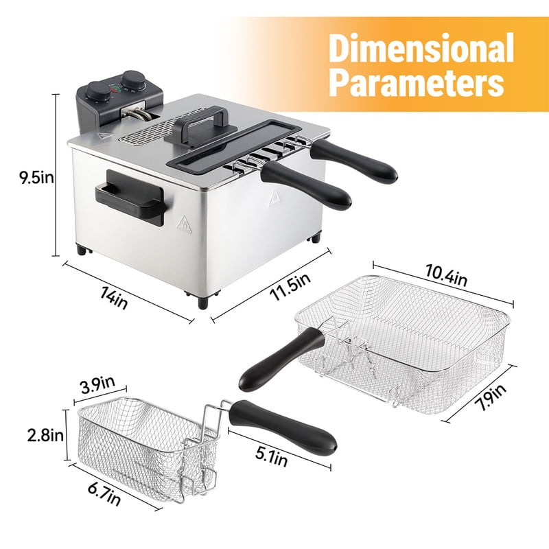 Daluvenix Electric Deep Fryer, 5L Capacity with 3 Frying Baskets, 1700W Power, Time & Temperature Control, Stainless Steel, Dishwasher Safe Lid & Baskets, Home Use Fryer with View Window & Odo