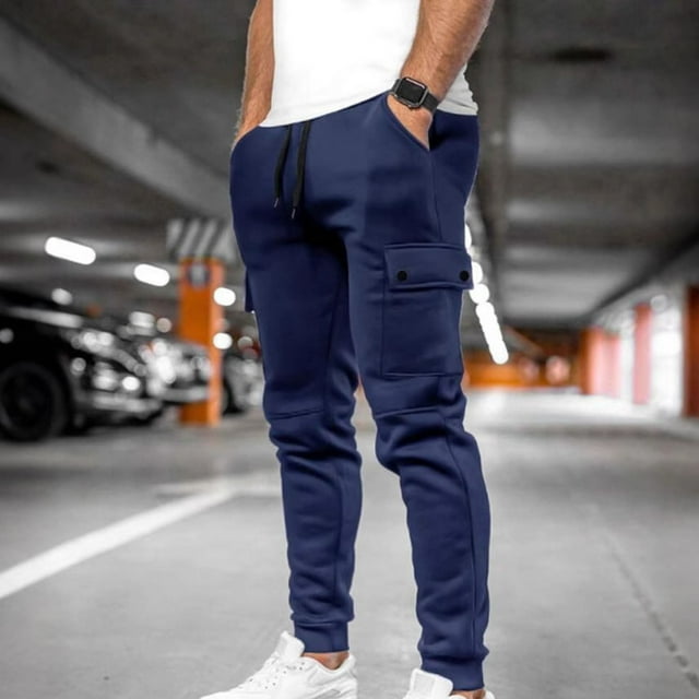 Wzzjkit Men's Fashion Casual Solid Color Cargo Zipper Pockets Elastic Waist Full Length Pants