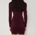 thumbnail image 4 of Women'S Fall Winter Elegant Solid Color Off-Shoulder Hip Dress Long Sleeve Pleated Slim Party Mini Dress Wine Red S, 4 of 6