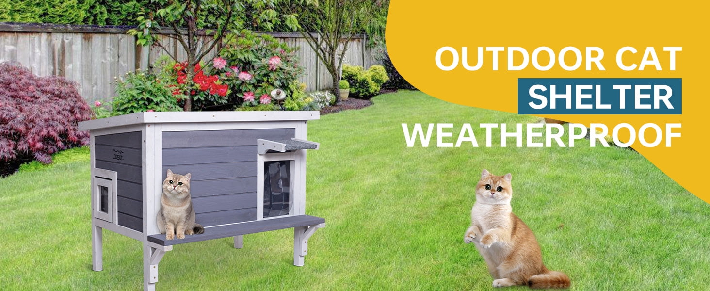 Insulated Cat House Outdoor Weatherproof, Feral Cat Shelter for Winter, Large Wooden Enclosure