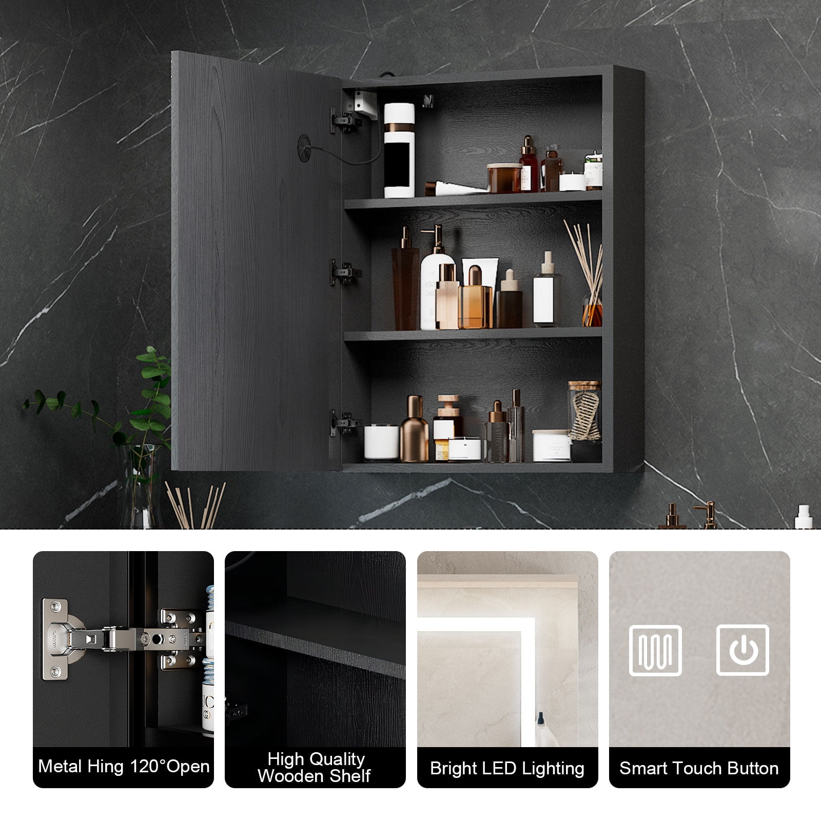 Hironpal LED Mirror Medicine Cabinet with Lights, 23.6"x 29.9" Wall-Mounted Bathroom Cabinet w/ Defogger, Dimmable, Memory function, Bathroom Mirror Cabinet,Black