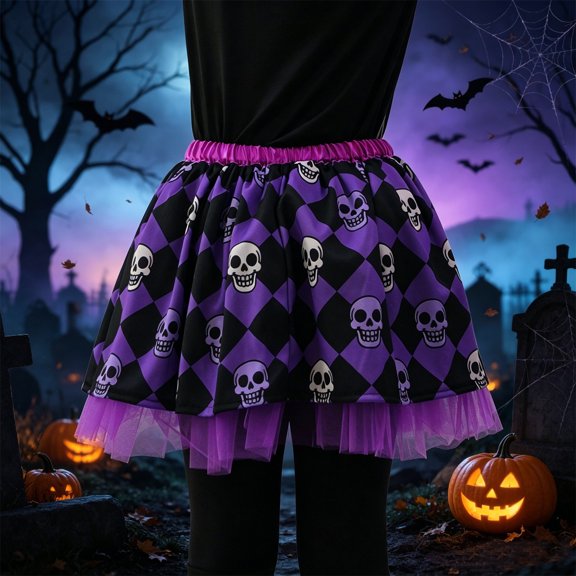 Halloween Skirts for Girls Halloween Print Tulle Skirts Shorts Holiday Party Tutu Skirts Halloween Outfit for Girls (Dark Purple1 5-12 Years)