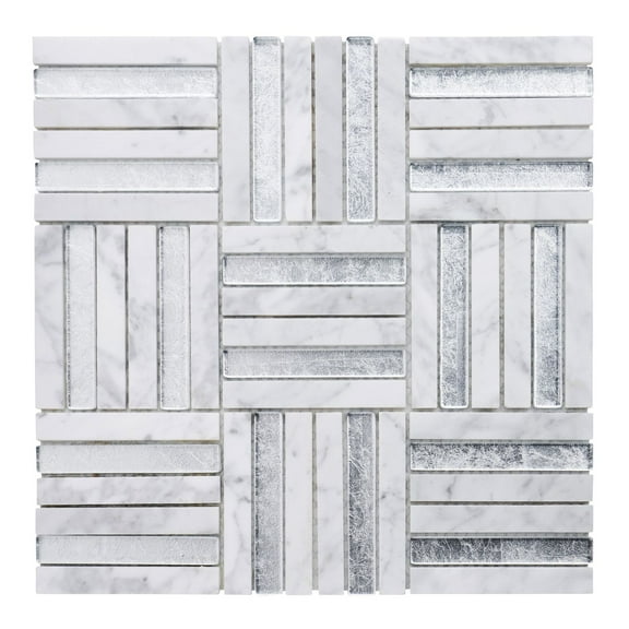 Modket TDH360NS White Calacatta Marble Stone Silver Glass Insert Parquet Mosaic Tile Backsplash