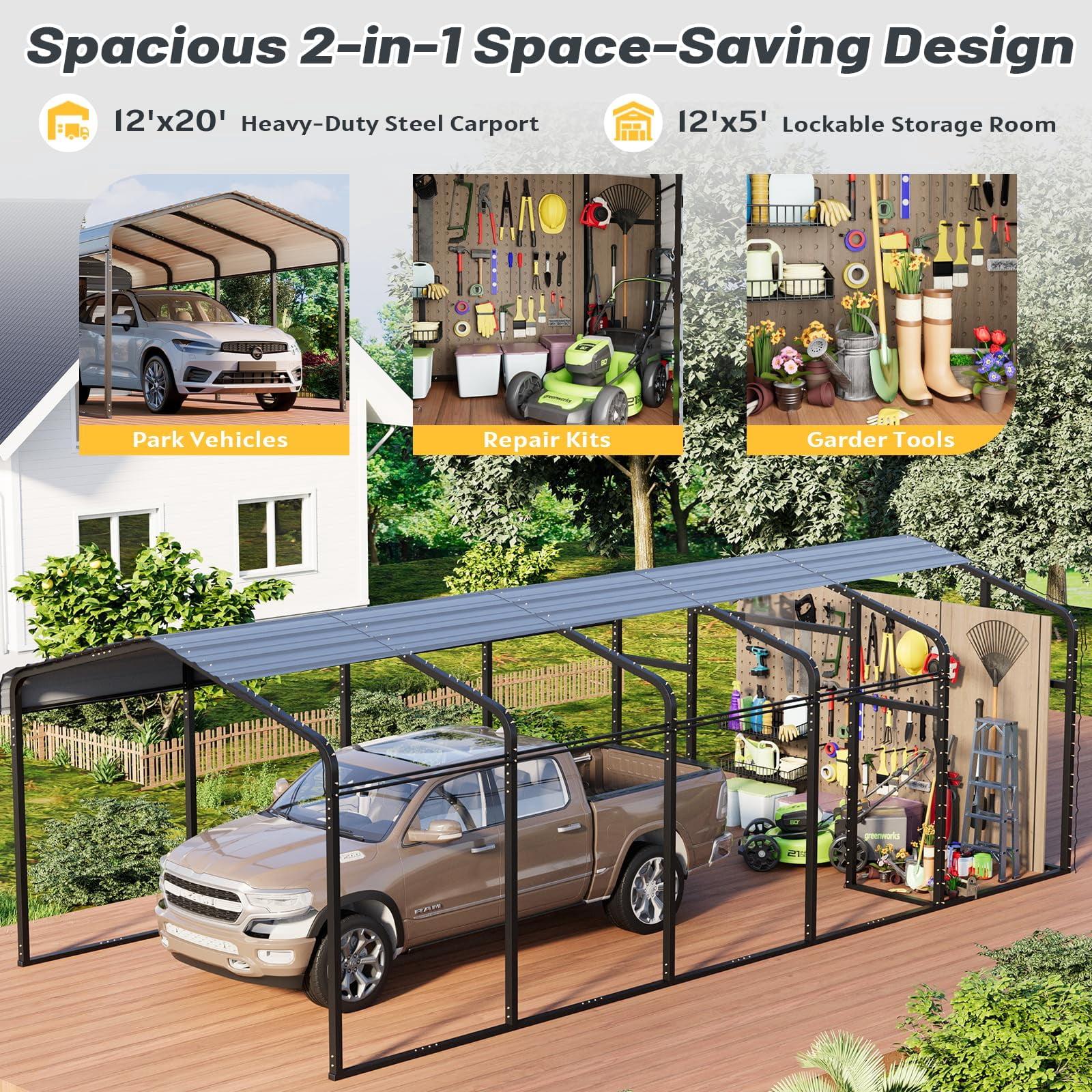 Mellcom 12'x25' Outdoor Meatl Carport Garage 2-in-1, Heavy Duty Carport with Galvanized Metal Frame, Enclosed Storage Shelter for Trucks, Cars，SUVS& All Vehicles, Gray