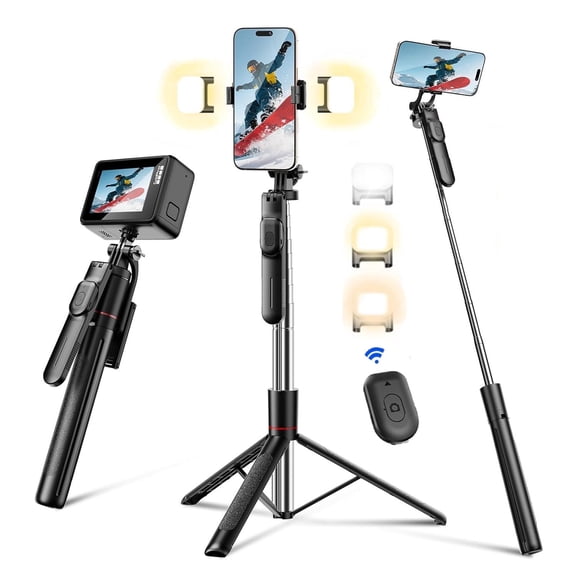 BN-LINK 67" Selfie Stick Tripod with 2 Filling Lights, 360°Rotating Extendable Cell Phone Stand with Remote and Phone Holder, Phone Tripod Compatible with iPhone Android Phone, Camera